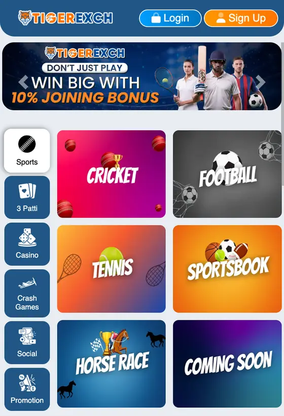 Tiger Exchange home screen on mobile with Sports, 3 Patti, Casino and Crash Games