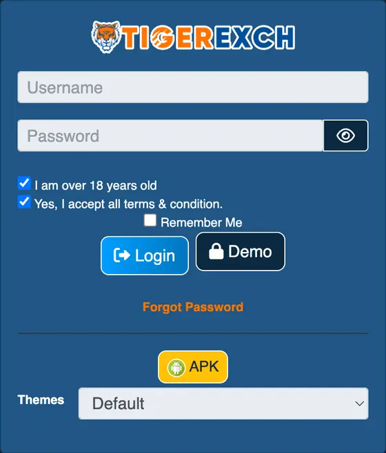 Tiger Exchange APK button under the login box