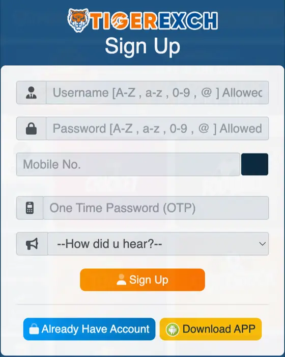 Tiger Exchange sign up screen with username, password, mobile number and OTP